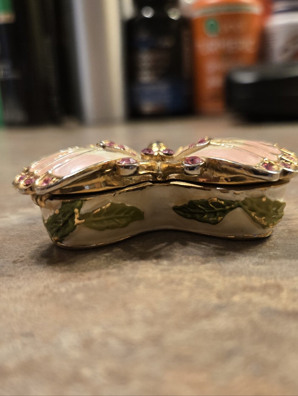 Gold Tone Pink Butterfly Trinket Box with Pink Crystals - Picture 5 of 7
